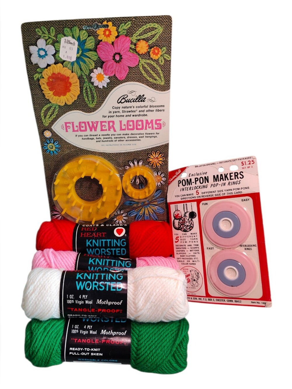 1960s Crafting Lot Bucilla Flower Looms Susan Bates Pom-Pom Maker Red Heart Wool
